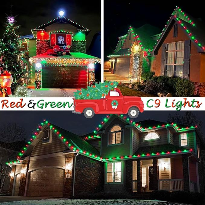 KAQ 2PK 100LED Red and Green C9 Christmas Lights Waterproof Indoor Outdoor, Extendable 98FT String Lights Plug in with 13 Lighting Modes, C9 Christmas Decorations for Party Patio, Outside Yard Decor
