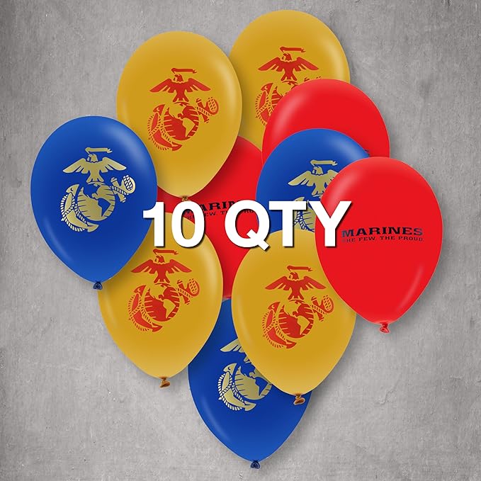 U.S. Marines Party Balloons (10pcs) 12” Latex Balloons in Red, Gold, and Blue with contrasting print on 2 sides. Officially Licensed by the U.S.Marines - Made in Italy - by Havercamp.