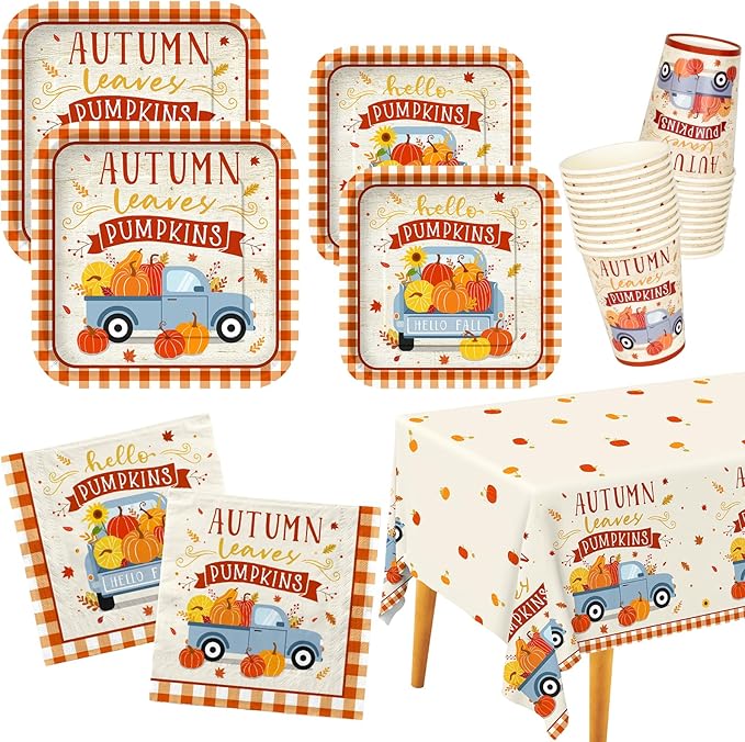 Fall Theme Party Supplies Kit, Serves 25: Complete Autumn Harvest Disposable Dinnerware Set - Includes Dinner & Plates, Napkins, Cups & Tablecloth. Thanksgiving/Autumn Party Decorations.