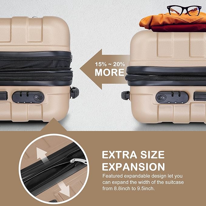 SUPER DEAL 21 Inch Expandable Suitcase Hardside Carry On Travel Luggage with Spinner Wheels Height Adjustable Handle, Champagne