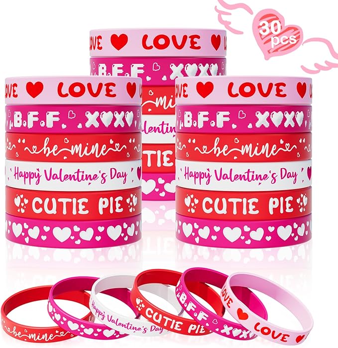 Valentine's Day Rubber Bracelets Bulk - 30PCS Valentines Day Gifts for Kids Valentines Party Favors Supplies Silicone Wristbands Goodie Bag Stuffers Treats Classroom Prizes Accessories Decorations