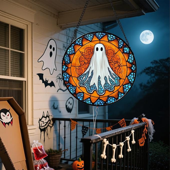 Stained Glass Window Hanging - Halloween Decorations White Ghost Suncatcher for Doors Garden Indoor Spooky Funny Blue Sun Catchers Gothic Decor Horror Gifts for Women Men Friend 7.8 in