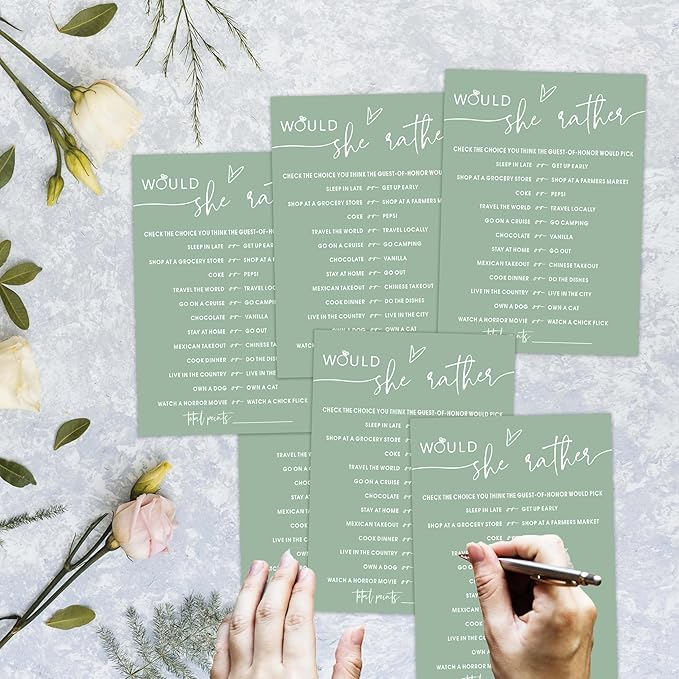 Would She Rather Bridal Shower Game, Sea Green Bridal Shower Games, 30 Elegant Wedding Game for Bachelorette Engagement Party Supplies - A09
