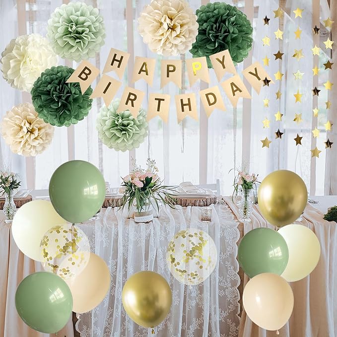 ANSOMO Sage Green Happy Birthday Party Decorations Retro Green Nude Ivory Dark Olive Kraft Paper Banner Balloons Neutral Rustic Boho Blush Safari Botanical Greenery Wild Décor Supplies Women Adults