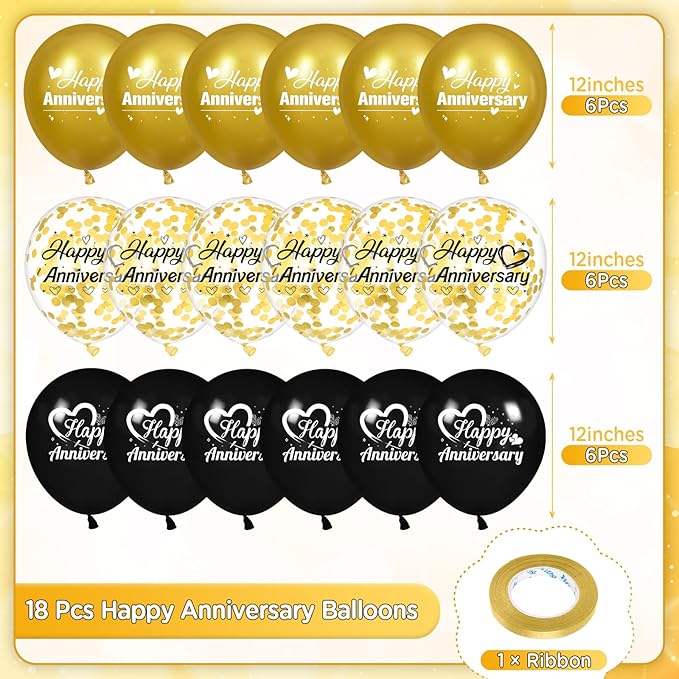 Happy Anniversary Balloons 18Pcs Black Gold Anniversary Party Decorations for Women Men Gold Silver 12Inch Metallic Confetti Anniversary Balloons for Indoor Outdoor Party Supplies