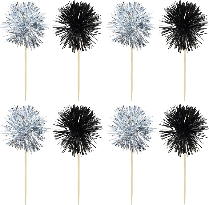 Gyufise 30Pcs Foil Firework Cupcake Toppers Sparkle Tinsel Cake Toppers Tinsel Drink Cake Decoration Cocktail Picks for Birthday Wedding Graduation Party Supplies Black Silver