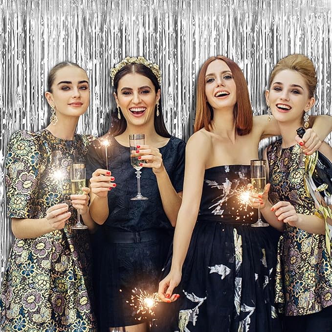 5 Pack Silver Backdrop Curtain Party Decorations Foil Fringe Backdrop Silver Tinsel Streamers Birthday Bachelorette New Year Christmas Wedding Baby Shower Disco Party Decorations