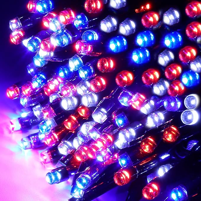 HOME LIGHTING 200 LED 66FT Fairy String Lights, July 4th Patriotic Light with 8 Lighting Modes, Mini Lights Plug in for Indoor Outdoor Independence Day Tree Holiday Party Decor, Red Blue & White