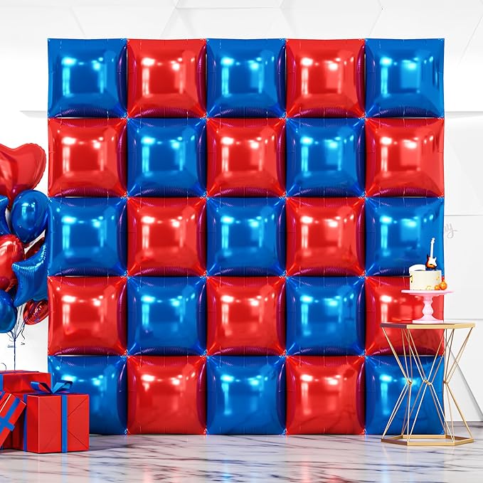 NISOCY 25PCS Red Blue Square Foil Balloons Wall Backdrop Double Sided Red Deep Blue Balloons Arch Kit for Birthday Graduation 4th of July Independence Baby Shower Wedding Party Decorations