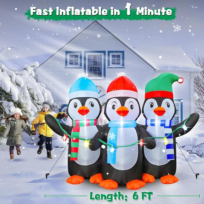 FunFanso 6 FT Christmas Inflatable Penguin Decoration, Blow up 3 Cute Penguins, Blowsup Decor, Built-in Bright LED Lights, Festival Decorations for Christmas Party Outdoor Yard Patio Garden Lawn Décor