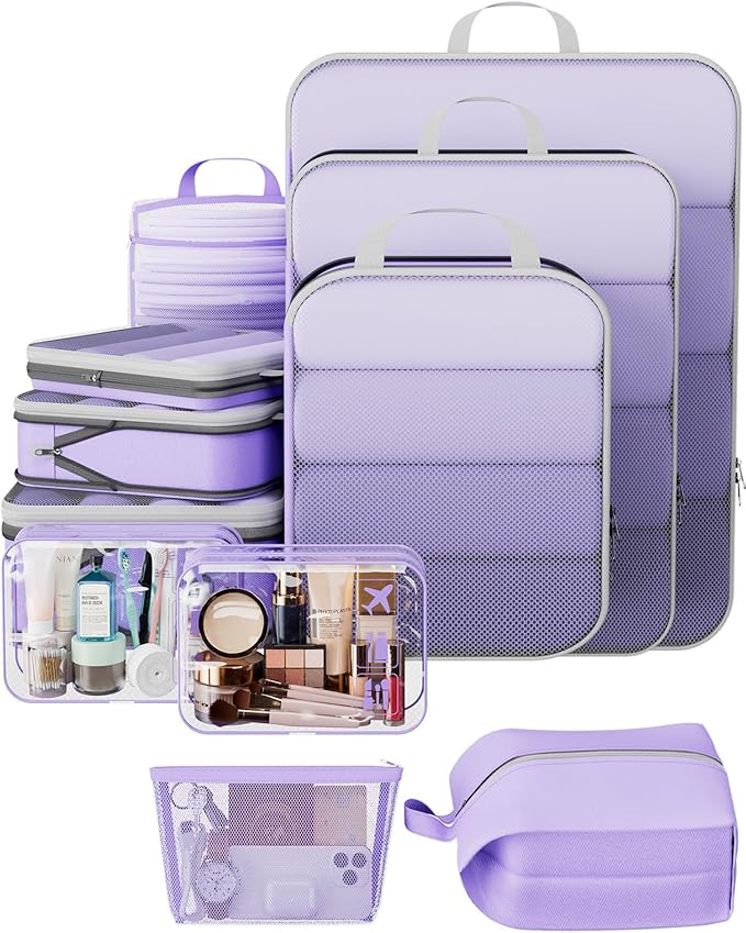 Veken 11 Set Compression Packing Cubes for Travel Essentials,Compressible Expandable Large Luggage Suitcase Organizer Bags for Clothing,Durable Space Saver Storage Bags(Light Purple)