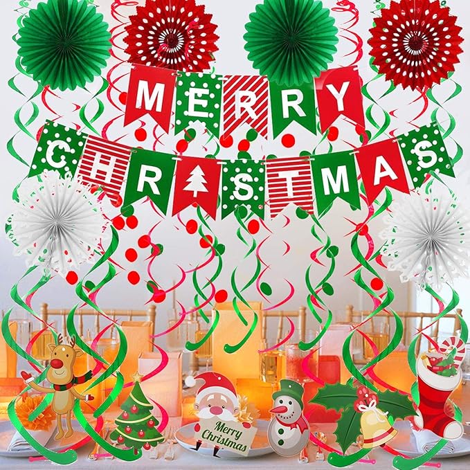 FECEDY Merry Christmas Banner Paper Fan Flower Circle Confetti Dots Hanging Garlandand Swirl Streamers Christmas Tree Christmas Snowman God Tang for Christmas Party Decoration