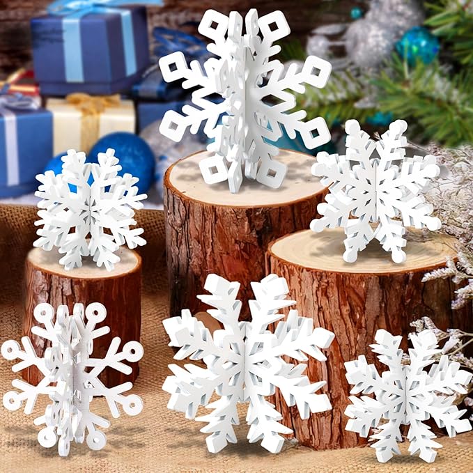 OuMuaMua 6 Set Snowflake Christmas Table Decorations - 12pcs White Wooden 3D Snowflake Decor Tabletop Centerpiece for Christmas Party Supplies Home Decor