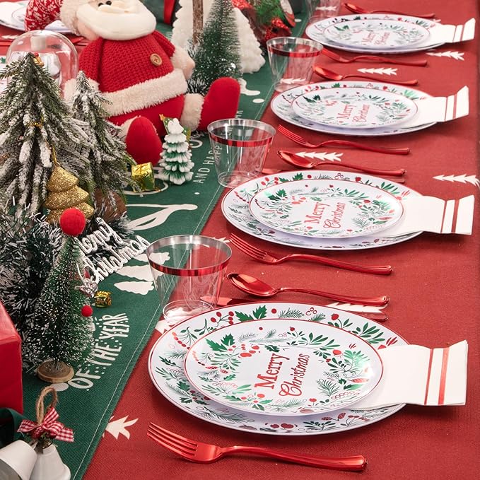 bUCLA 175PCS Christmas Plates Dinnerware Set - Green and Red Christmas Plastic Plates and Napkins Disposable Include 25 Dinner Plates,25 Dessert Plates,75 Cutlery,25 Cups&25 Napkins