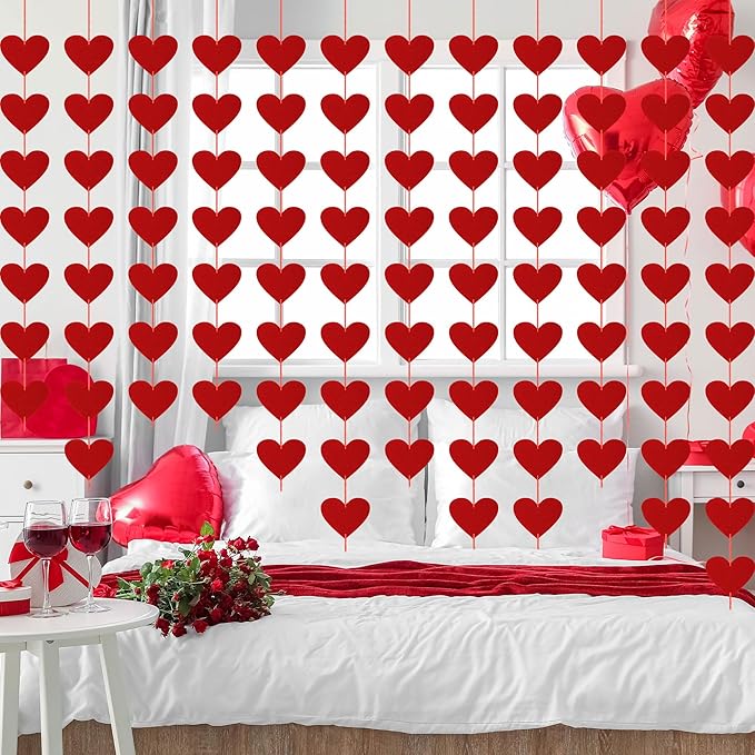 120PCS Felt Hearts, 12PCS Heart Banner, No DIY Hanging Heart Banner Indoor Outdoor Red Garland Heart Party Decor for Wall Window Door Fireplace