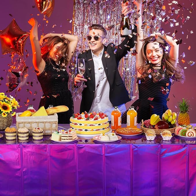 FunnyPars 4 Pack Iridescent Purple Plastic Tablecloths, Shiny Disposable Laser Rectangle Table Covers, Foil Tablecloth Iridescent Party Decorations for Kpop Birthday Bridal Wedding Decor, 54x108 Inch