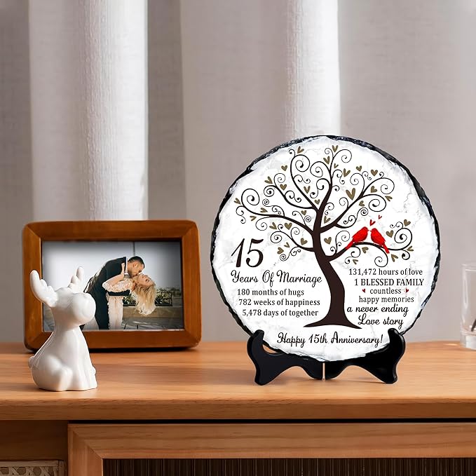 15th Wedding Anniversary Slate Plate – Crystal Anniversary Wedding Gifts for Couple or Parents – Unique 15 Years of Marriage Celebration Decoration – 5.9 inches Plaque, Keepsake