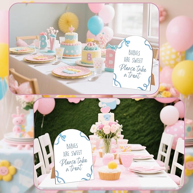 Blue Bow Babies Are Sweet Please Take a Treat Sign for Baby Shower, 6x8 Inch Arch Wooden Sign with Stand, Blue Baby Shower Table Sign, Gender Neutral Party Decoration - QW08