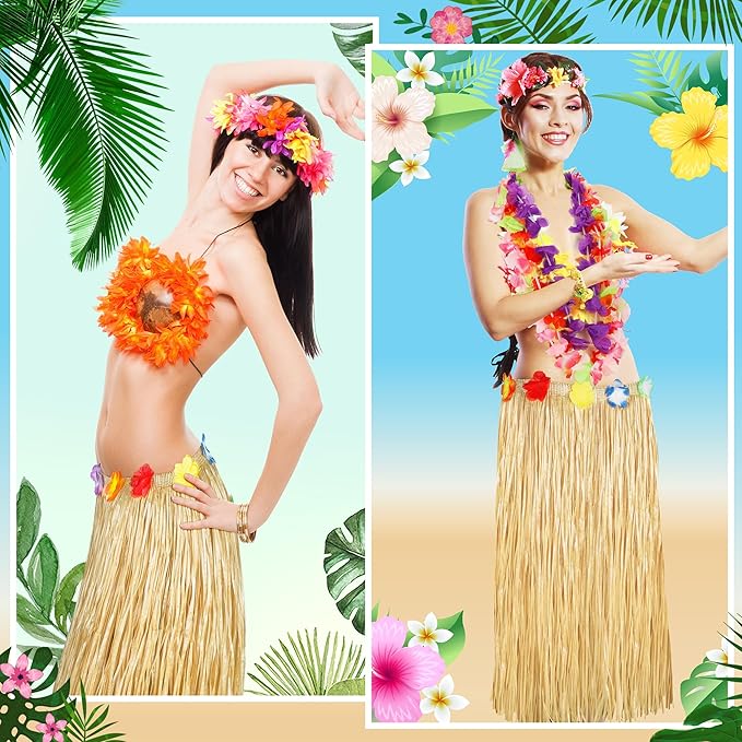 Luau Party Decorations, 2PCS Gold Hawaiian Themed Table Skirt Party Decorations, Flower 108 X 29.5" Grass Skirts Luau Party Favors, Luau Table Skirt for Summer Tropical Hula Parties Decor Accessories