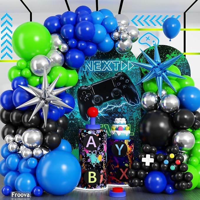 Video Game Balloon Arch Garland Kit, 125pcs Dark Blue and Green Black Silver Balloon with Royal Blue Silver Explosion Star Foil Balloons for Boys Gaming Night Birthday Baby Shower Party Decorations