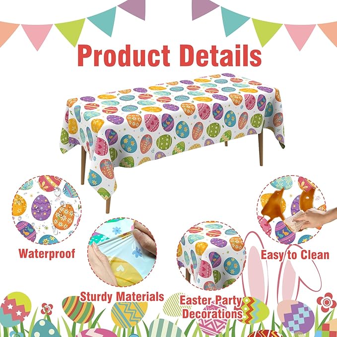 Easter Tablecloth, 8 Pack Colorful Easter Eggs Table Cloth, 54x108 Inch Plastic Disposable Rectangle Spring Table Cover for Easters Tables Decorations Outdoor Picnic Home Kitchen Dinner Party Supplies