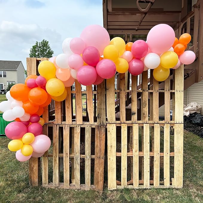 Boho Daisy Balloons Arch Kit, 142Pcs Hot Pink and Orange Balloons Garland Kit 12 10 5 Inch Pink Orange Yellow Latex Balloons for Boho Girls Women Birthday Baby Shower Wedding Party Decoration