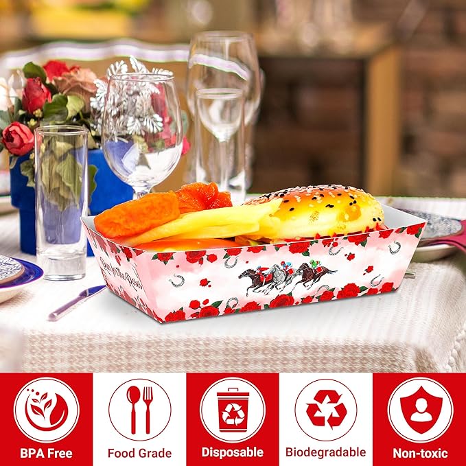 50 PCS Derby Snack Trays, Run for The Roses Large Capacity Paper Food Trays, Kentucky Disposable Plates Derby Decorations, Horse Party Decorations for Party Supplies Table Decor
