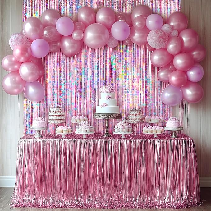 4 Packs Pink Foil Fringe Curtain, Pink Glitter Metallic Tinsel Backdrop for Birthday, Wedding, Baby Shower, Princess Bachelorette Cowgirl Party Decorations Supplies