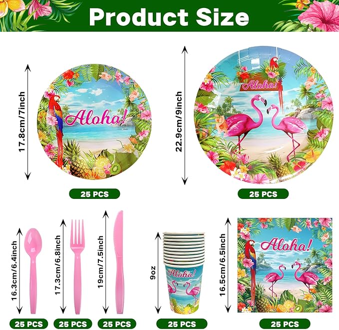 175 Pcs Aloha Tropical Flamingo Party Supplies Set - Serves 25, Hawaiian Luau Disposable Tableware, Includes Plates, Cups, Napkins, Forks, Spoons, Knives for Summer Beach Birthday Pool Decorations