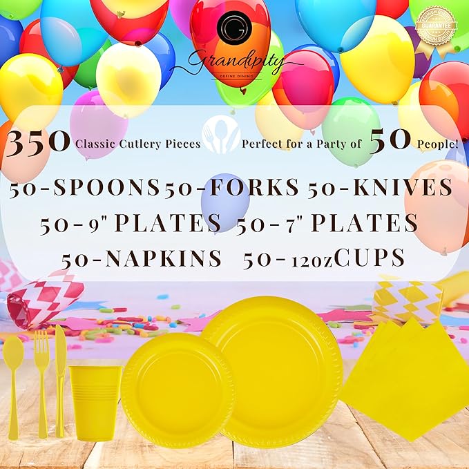 Grandipity 350 Piece Yellow Disposable Dinnerware Set, Includes 50 of Each: 9" Dinner Plates, 7" Dessert Plates, 12oz Cups, Paper Napkins, Forks, Knives & Spoons
