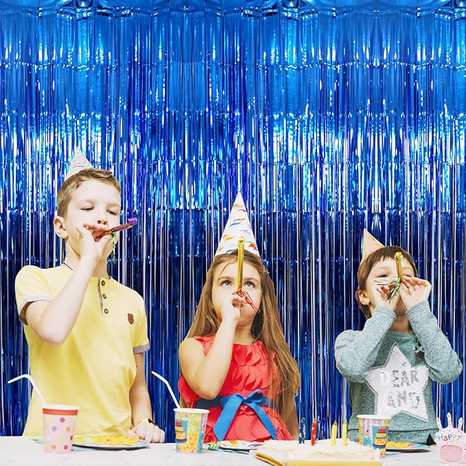 GOER 3.2 ft x 9.8 ft Metallic Tinsel Foil Fringe Curtains Party Photo Backdrop Party Streamers for Birthday,Graduation,New Year Eve Decorations Wedding Decor (Navy Blue,3 pcs)