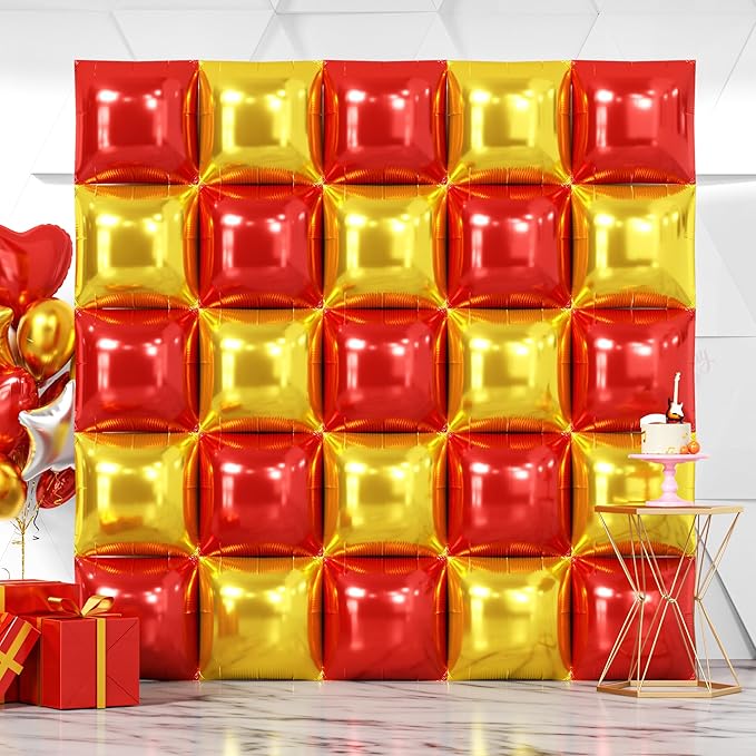 NISOCY 25PCS Christmas Balloons Red Gold Square Foil Balloons Wall Backdrop Metallic Double Sided Red Gold Balloons Tunnel Arch Kit for Valentine's Day Wedding Birthday Engagement Party Decorations