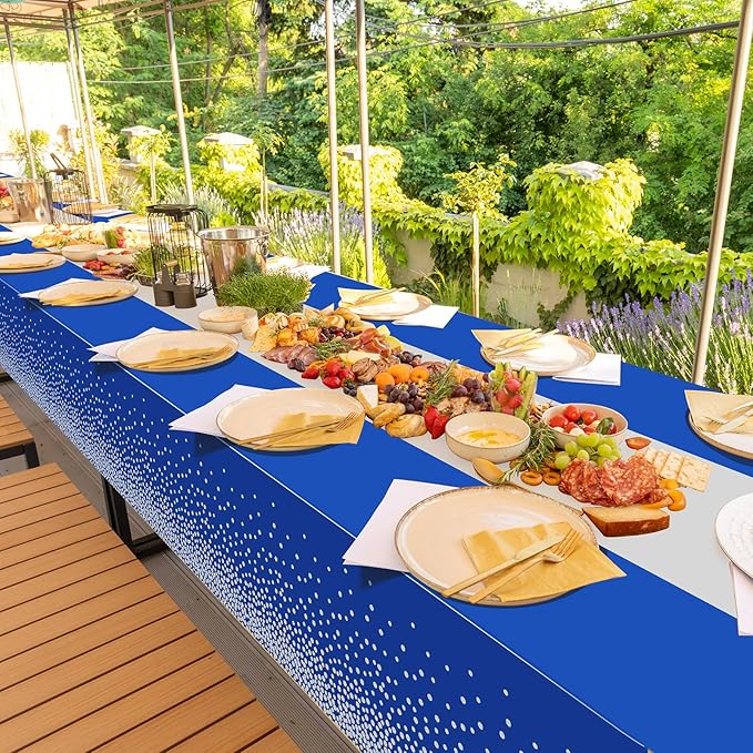 12Pcs Blue Silver Tablecloth Party Decorations,Plastic Royal Blue Table Cloth Printed Silver Table Runner Disposable Rectangle Tables Cover for Anniversary Wedding Graduation 2024 Party,54 x108 Inch