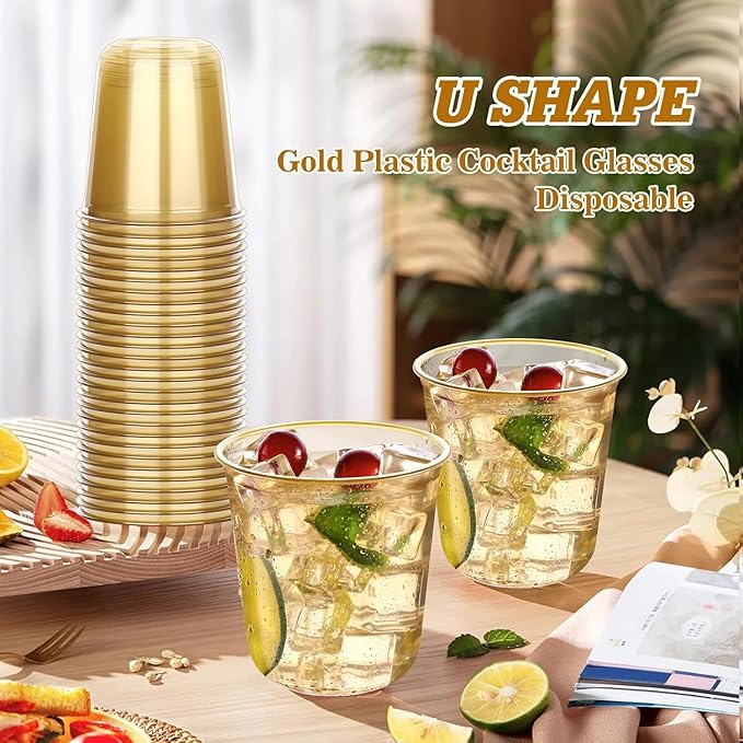 KesaPlan 100 Pcs Gold Plastic Cups, 12oz Disposable Stemless Wine Glasses for Cocktail Cute Clear Cocktail Wine Glasses Gold Party Cups for Meeting Wedding Graduation Holiday Party