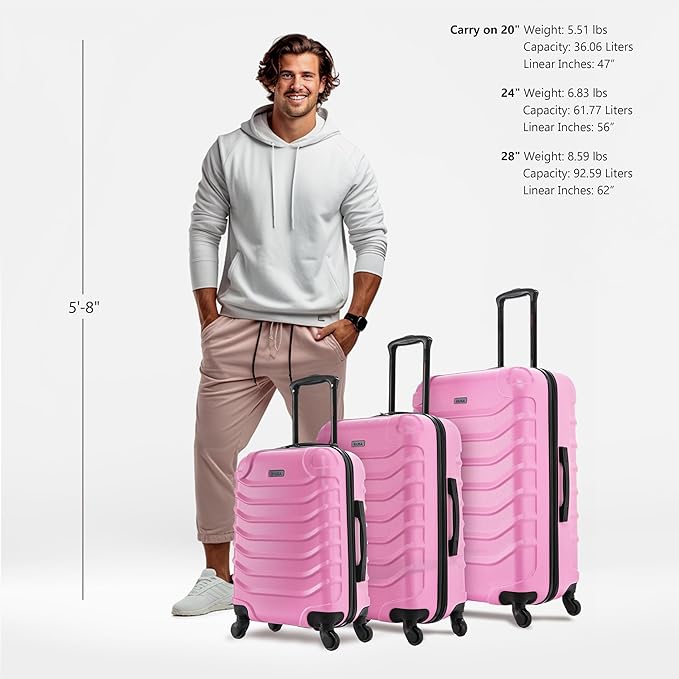 InUSA ENDURANCE Luggage with Spinner Wheels | Durable Lightweight Hardshell Spacious Travel Sets with Handle and Trolley | (20in, 24in, 28in) 3 Piece Luggage Set | Pink