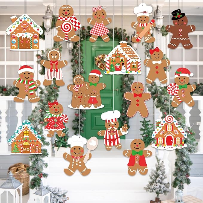 Gingerbread Christmas Decoration Outdoor - 18pcs Outdoor Waterproof Hanging Gingerbread House Ornaments for Yard Porch Christmas Tree Decor