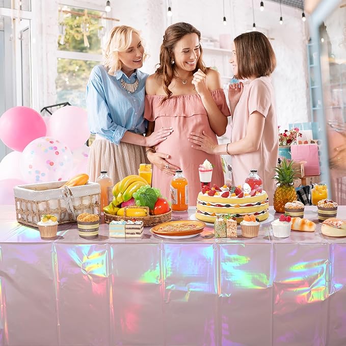 6 Pack Iridescent Light Pink Tablecloth for Parties, Pastel Pink Holographic Plastic Table Cover, Disposable Laser Baby Pink Table Cloth for Birthday Wedding Baby Shower Party Decorations, 54x108 Inch