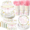400 Pcs Pink Wildflower Girl Baby Shower Party Decoration for 50, Baby in Bloom Paper Plates Napkins and Cups Cutlery Floral Tableware Set for a Sweet Babys Is on Her Way Party Supplies