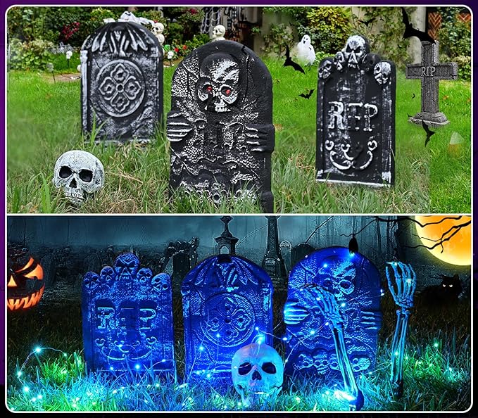 3 Pcs Halloween Tombstones Decoration with Green Remote Lights, Blue Lights, Plastic RIP Grave Yard Signs Outdoor Garden Party Decor