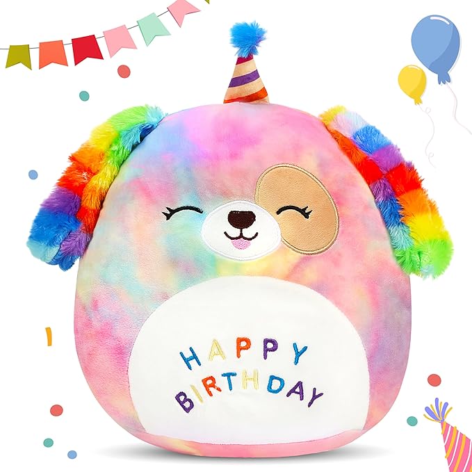 Easfan 12'' Original Rainbow Birthday Dog Plush Pillow Soft Puppy Plush Toy Cute Dog Stuffed Animal Birthday Gifts for Kids Toddlers