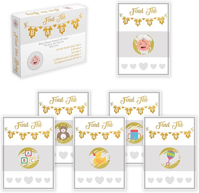 Party Hearty Baby Shower Games Gold 33 Raffle Cards, Emoji Scratch Off Lottery Tickets, 3 Winners 5 Different Loser Card Designs, Gender Neutral, Silly Activity for Ice Breakers, Door Prizes, Favors