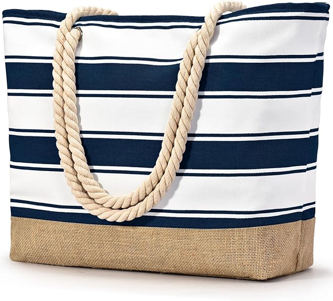 Becokan Beach Bags for Women Large Canvas Beach Tote Bag Beach Bags Waterproof Sandproof Swim Pool Bag Travel Essentials