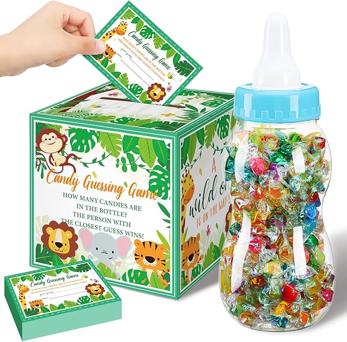 Glenmal 52 Pcs Baby Shower Games Gift Sets Large Baby Bottle for Shower Game Guess How Many Candies Decorations for Gender Reveal(Forest Animal)