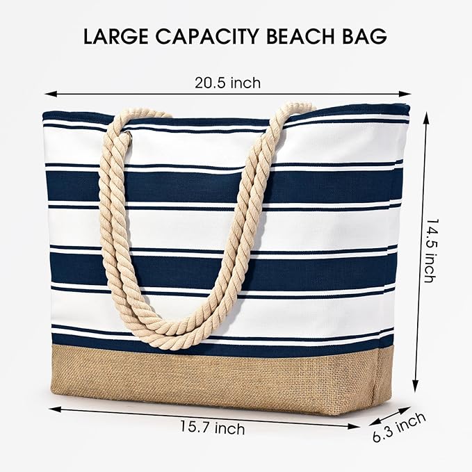 Becokan Beach Bags for Women Large Canvas Beach Tote Bag Beach Bags Waterproof Sandproof Swim Pool Bag Travel Essentials