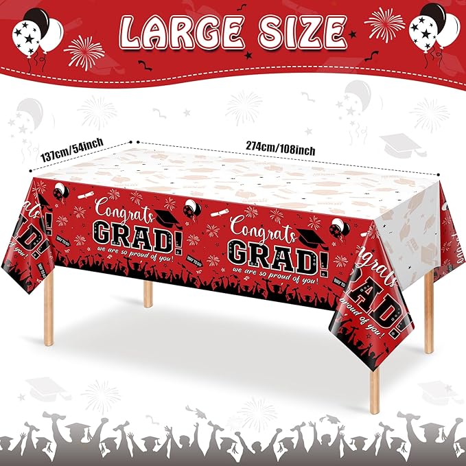 6 Pack Graduation Tablecloth Party Decorations, Class of 2026 Congrats Grad Plastic Tablecover Party Supplies, Red Rectangle Graduation Table Decorations for College High School Party, 54 x 108 Inch