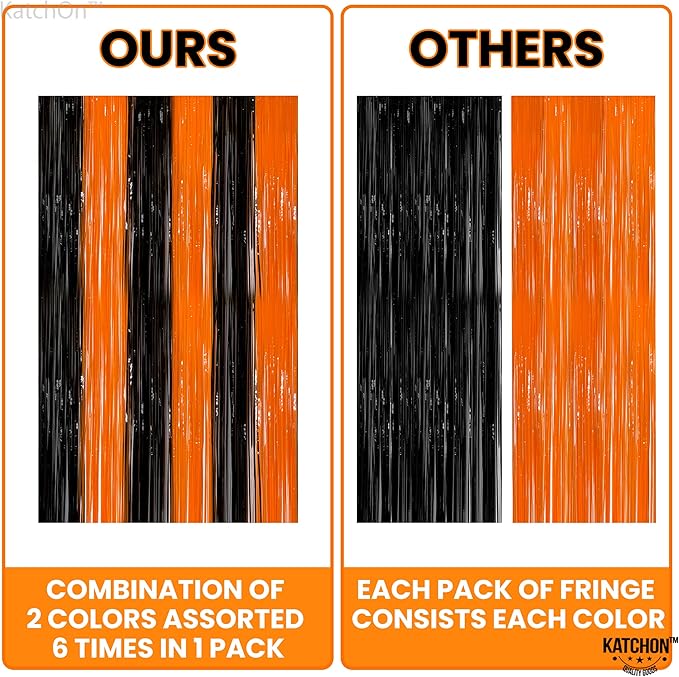 KatchOn, Black and Orange Foil Fringe Curtain - XtraLarge 3.2x8 Feet, Pack of 2 | Orange and Black Streamers, Halloween Decorations | Fringe Backdrop Curtain for Birthday, Basketball Party Decorations