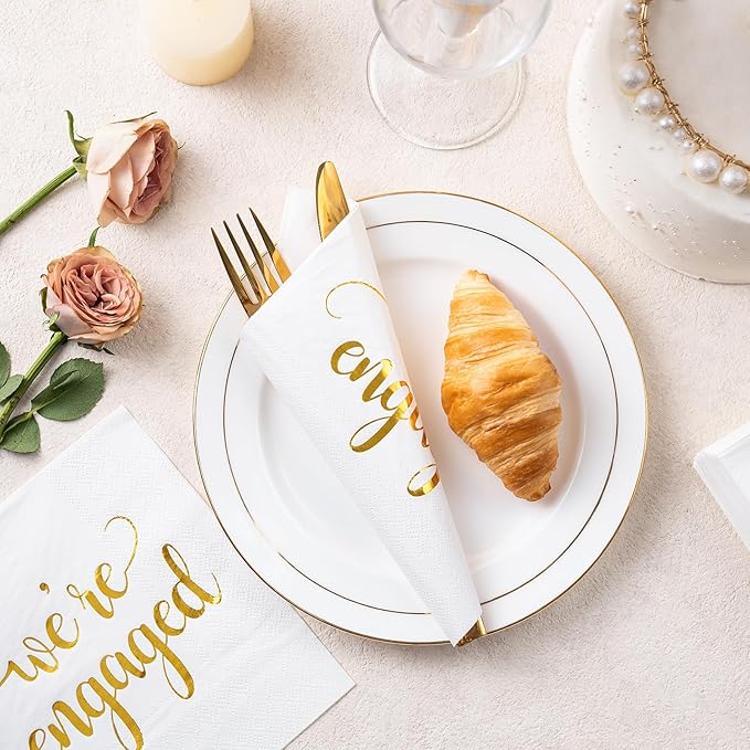 WRAPAHOLIC 50Pcs Gold We're Engaged Napkins - 3 Ply Disposable Paper Luncheon Napkin for Tableware Party Supplies - 6.5 x 6.5 In