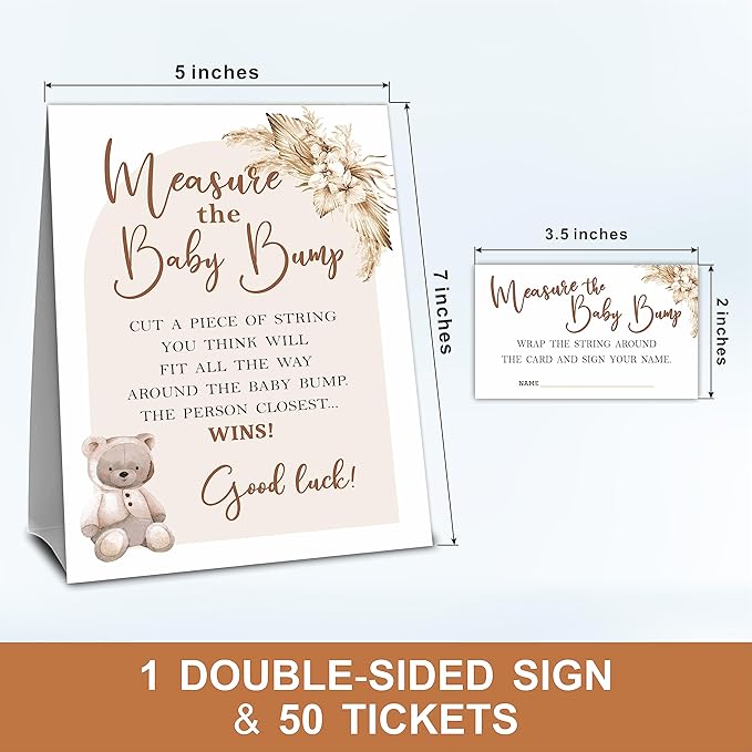 Baby Shower Measure The Baby Bump Game Set - Boho Bear Arch - 1 Self-Standing Sign And 50 Tickets - Gender Reveal, Baby Shower, Baby Announcement Activity & Party Favor Supplies - A03