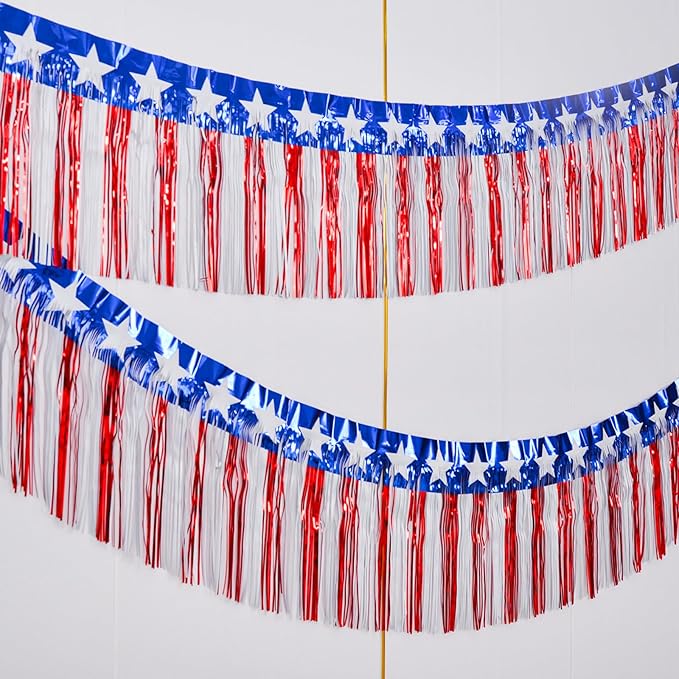 Mega-L 4th of July Decorations 2Packs 39 Feet Foil Fringe Garland Tinsel Streamers, Red White and Blue Star Metallic Hanging Backdrop Banner Table Skirts for Parade Floats Memorial Day Patriotic Party