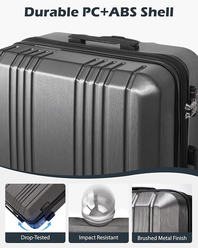 Coolife Luggage PC+ABS Expandable Hardshell Suitcase with TSA Lock, Spinner Checked Lightweight (grey, L(28IN))